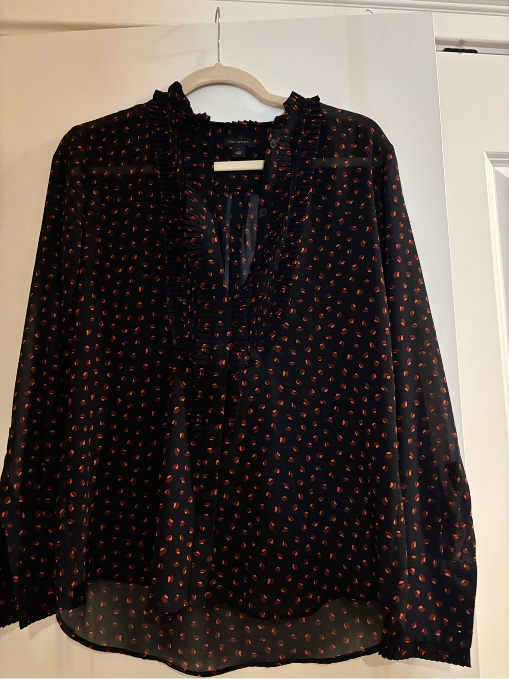 Ann Taylor Black Blouse with Orange Dot Print and Ruffled V-Neck